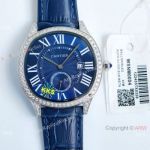 Swiss Quality Cartier Drive de Citizen Watch Blue Leather Strap Diamond Bezel